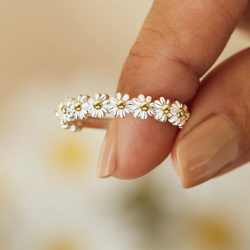 Justerbar silver och Handmålad emalj Daisy Ring