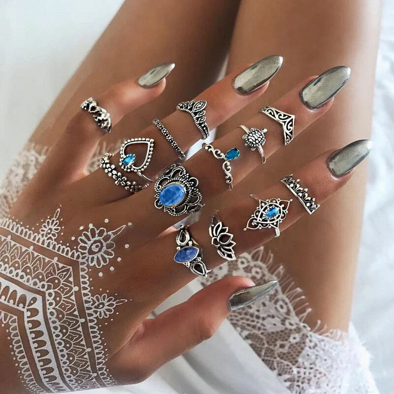 Blå Kristaller i Silver Boho Rings Packet